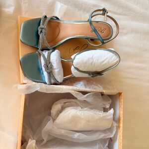 Jewel Badgley Mischka Teal and Silver Heeled Sandals